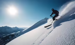 a man riding skis down the side of a snow covered mountain