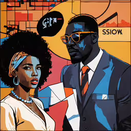 there is a man and a woman in a business suit next to each other,an artistic portrait of an african couple is shown
