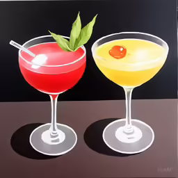 two martinis sit side by side on a black surface