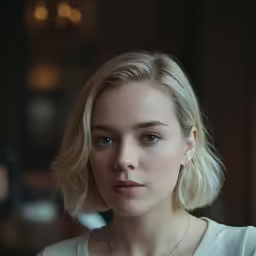 a woman is looking forward with a concerned look on her face