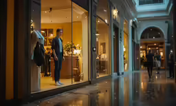 a man looking out a window in an elegant, glass - walled building