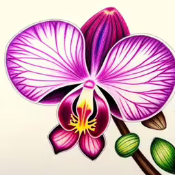 a painting of a flower with purple petals,an orchid colored drawing with colored pencils