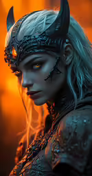 woman in a horned crown with flames in the background
