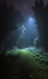 a dark and shadowy landscape with an illuminated lamp