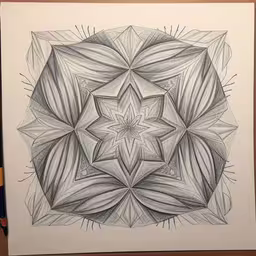 an abstract artwork is shown on the wall,a drawing of an intricate design in pencil