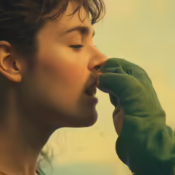 a girl is holding a stuffed alligator to her nose