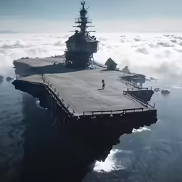 a person standing on an island with an aircraft in the distance