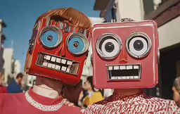 two people with funny faces and mouths painted on their faces