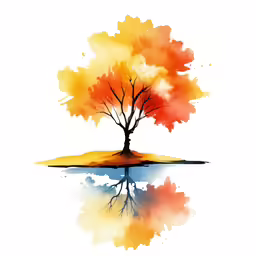 a tree with orange and red leaves reflected in water