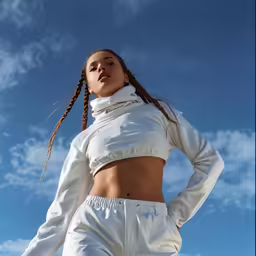 a woman wearing white is posing for the camera