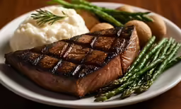 a white plate holding meat and asparagus on a table