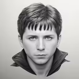 the young man has very short hair and is looking into the camera
