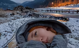 the girl is covered with her hood up and posing for a photograph