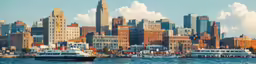 two boats floating on top of a lake next to tall buildings