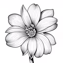 an ink drawing of a flower,a flower with the middle petals open in black and white
