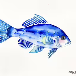 a blue fish with yellow and white fins,a painting of a blue fish in water,a drawing of a fish on white paper,watercolor painting of a blue fish on white paper,a blue fish with white and black markings