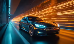 the fis black and chrome fis sedan is driving down the street at night