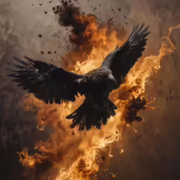a large black bird flying over a bunch of fire