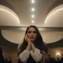 a woman in a white blouse stands next to a lamp