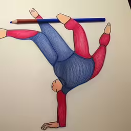a drawing of a person is laying down on the floor holding pencil,a pencil drawing of a man performing the splits