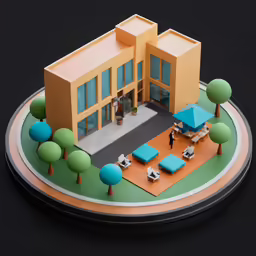 the house has a large yard with blue umbrellas and furniture