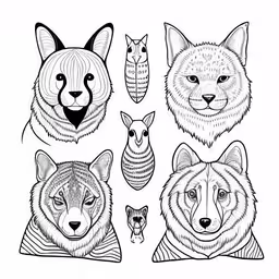 a set of wolf heads with their eyes open,the different types of animal heads,six different faces of animals with their heads drawn,a set of four different types of dog heads,four different animal heads in one line drawing