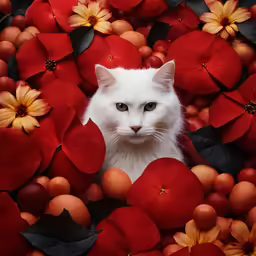 white cat sitting in a bowl full of oranges