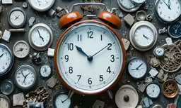an assortment of clocks with multiple face features are seen in a overhead view