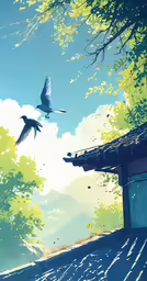 two birds flying in front of a wooden roof