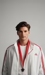the man is posing in a white jacket and red ribbon