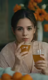 a woman holding a glass in her hand