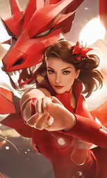 a woman pointing her hand with a dragon in the background