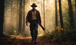 a man with an old hat is walking in the woods,the indiana jones movie poster with indiana jones walking through the woods