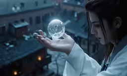 girl looking at glass ball with buildings and night sky