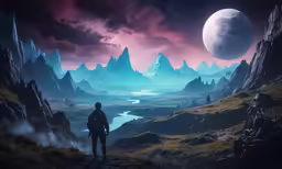 a man with a sci - fi look standing in a mountain valley