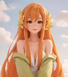 a girl with large orange hair is standing with her hands on her knees