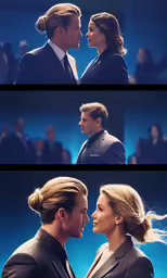 two people in suits facing each other in front of a crowd