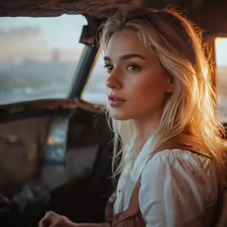 a woman sitting in the passenger seat of a car looking at the camera