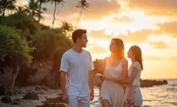 three people standing together on the beach at sunset
