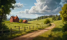 a red barn is in the middle of a pasture