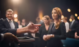 two people in suits and one of them pointing towards another person