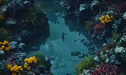 a man standing in the middle of some flowers and rocks