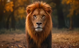 the adult lion is looking off into the distance