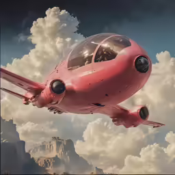 the airplane is pink in color and the pilot in the front is holding a rifle and flying above the clouds