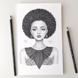 an afro woman on a paper with two pencils