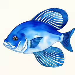 a water color painting of a blue fish,a blue fish painted with watercolics on a white background,the blue fish is standing out against the white background,blue fish on white background with blue striped tail,a blue fish sitting on top of a white surface