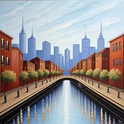 this is an oil painting of a river running between a city