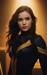 a woman standing in a dimly lit room