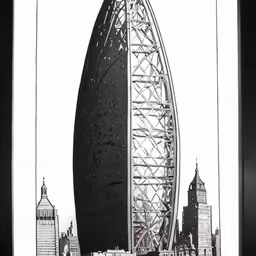 a black and white drawing of the london eye in england