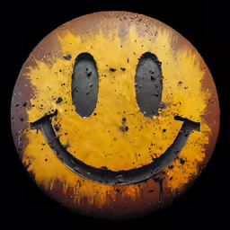 an old yellow smiley face drawn on a metal surface